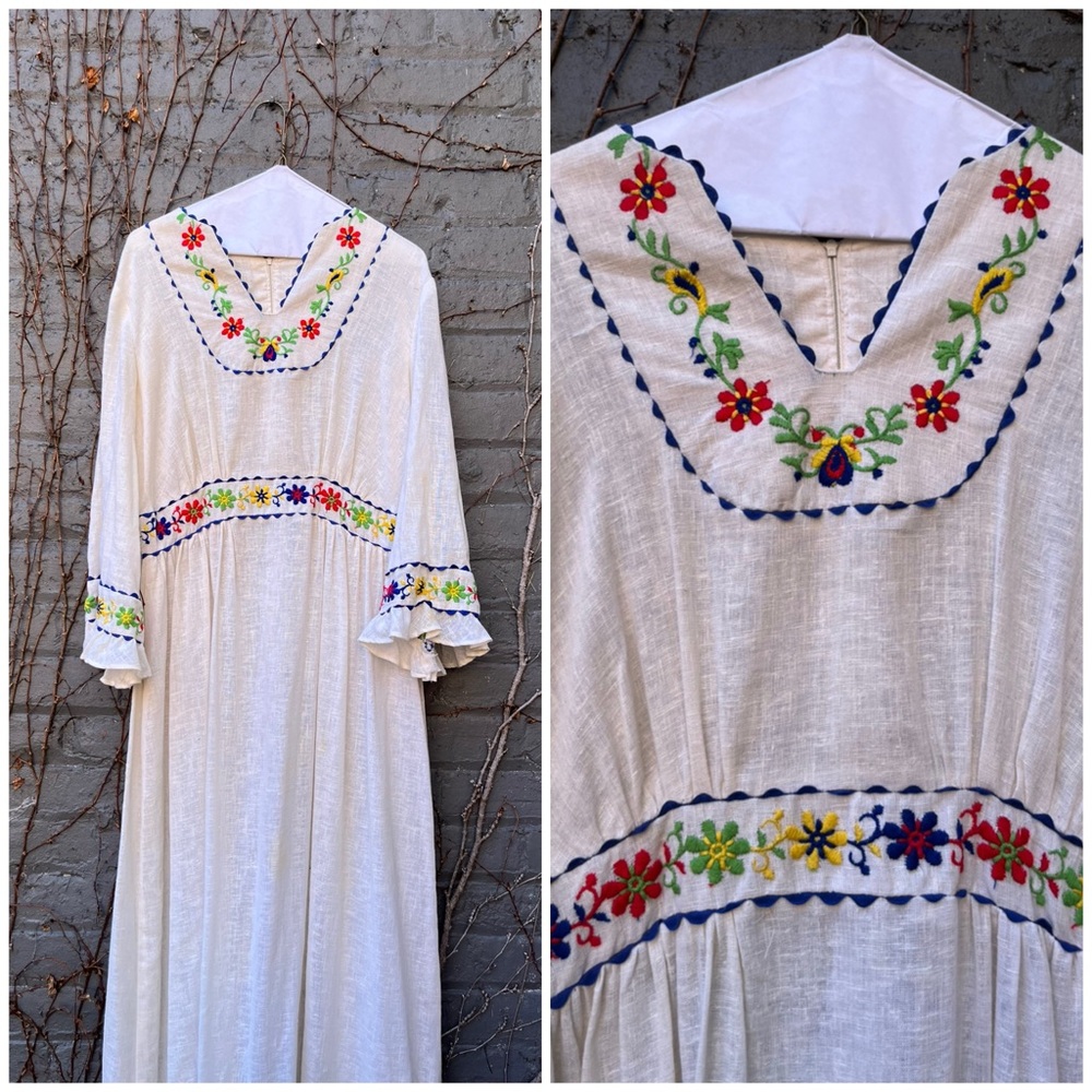 1960s Embroidered Floral Maxi Folk Bohemian Dress/Wedding/Festival/Prom